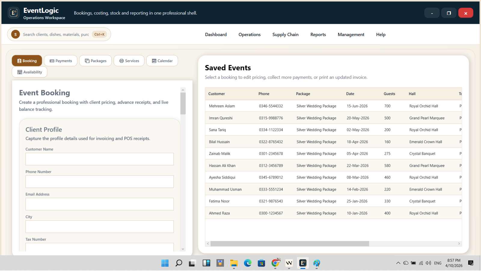 Booking Module of event logic