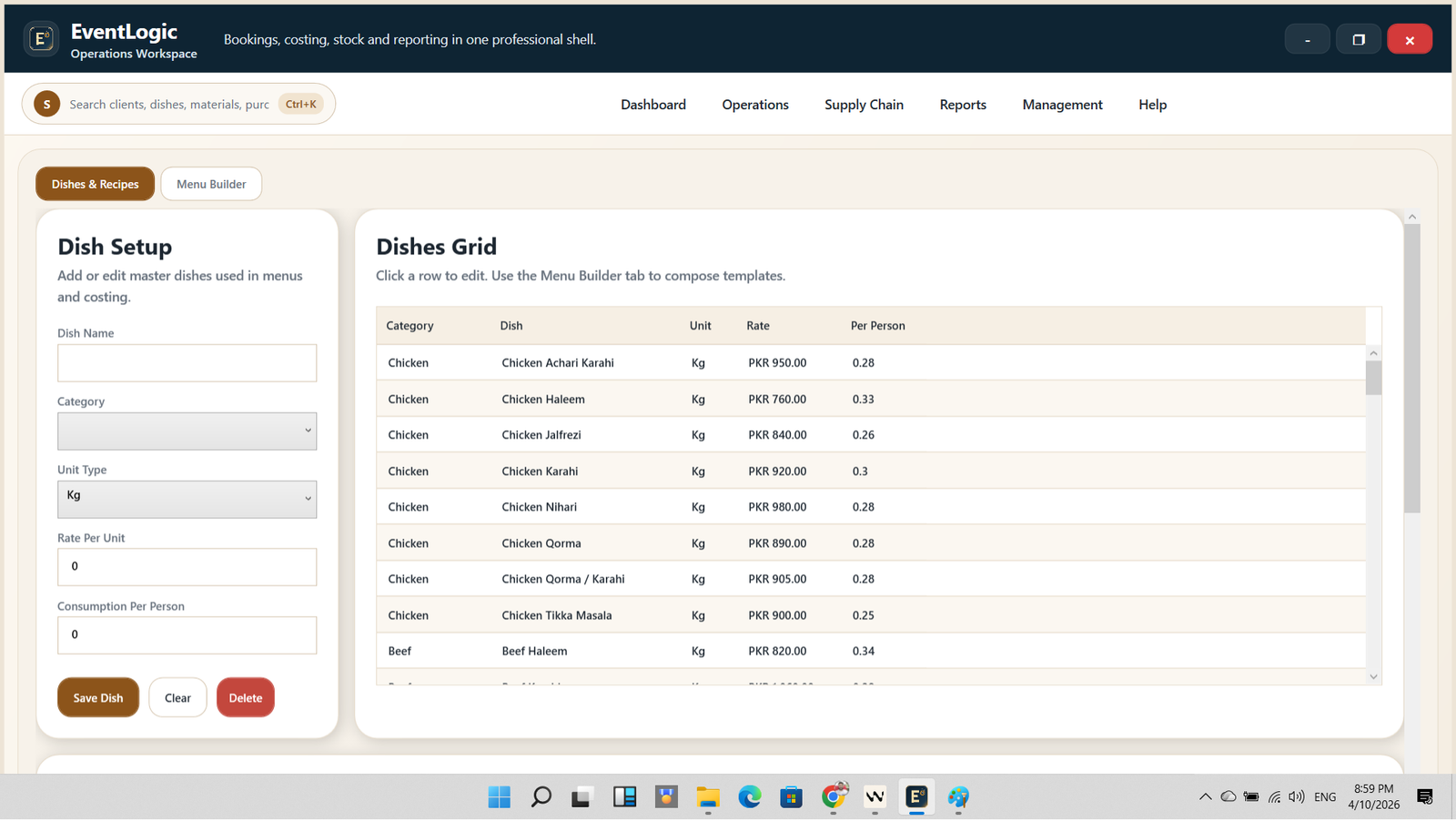 Menu builder & Dishes