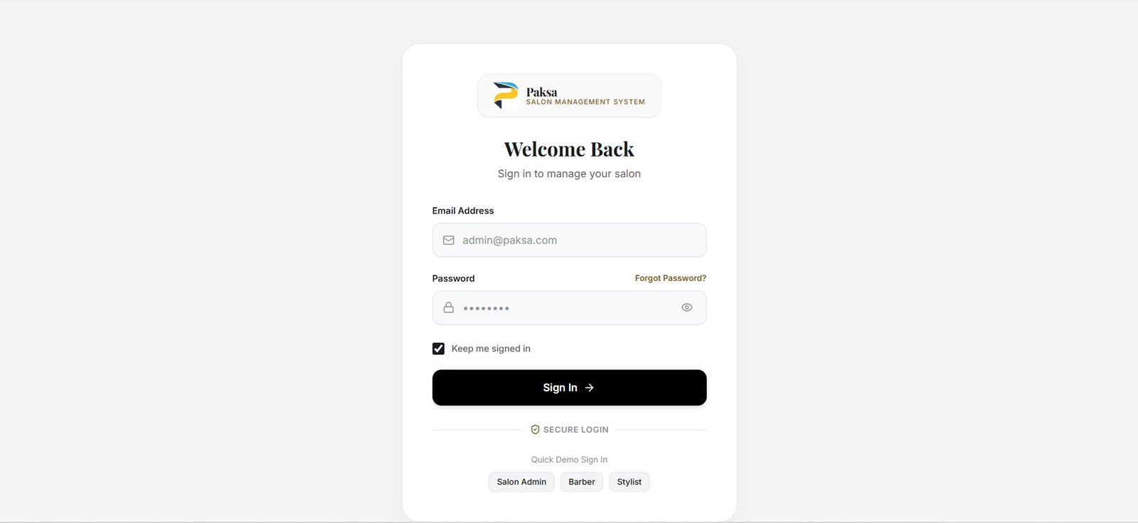 PAKSA SALON MANAGEMENT SOFTWARE 4 Login screen