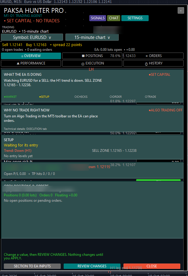 Paksa Hunter Pro: An MT5 Trading Agent Built to Work Live, Not Only in Backtests 4 Earlier build: settings rows showing through the overview page after a timeframe change