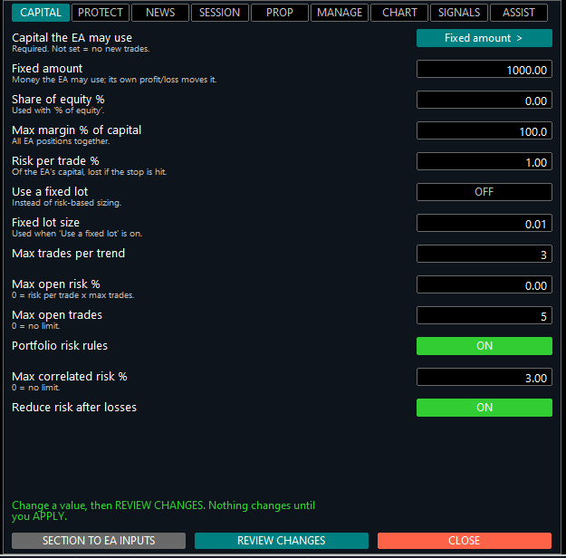 Paksa Hunter Pro: An MT5 Trading Agent Built to Work Live, Not Only in Backtests 5 Paksa Hunter Pro settings panel with sections for capital, protection, news, session, prop firm, management, chart, signals and assistant